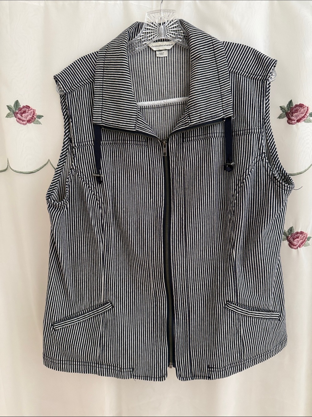Christopher & Banks Denim Navy & White Striped Vest with Front Zipper & Pockets - Picture 1 of 3